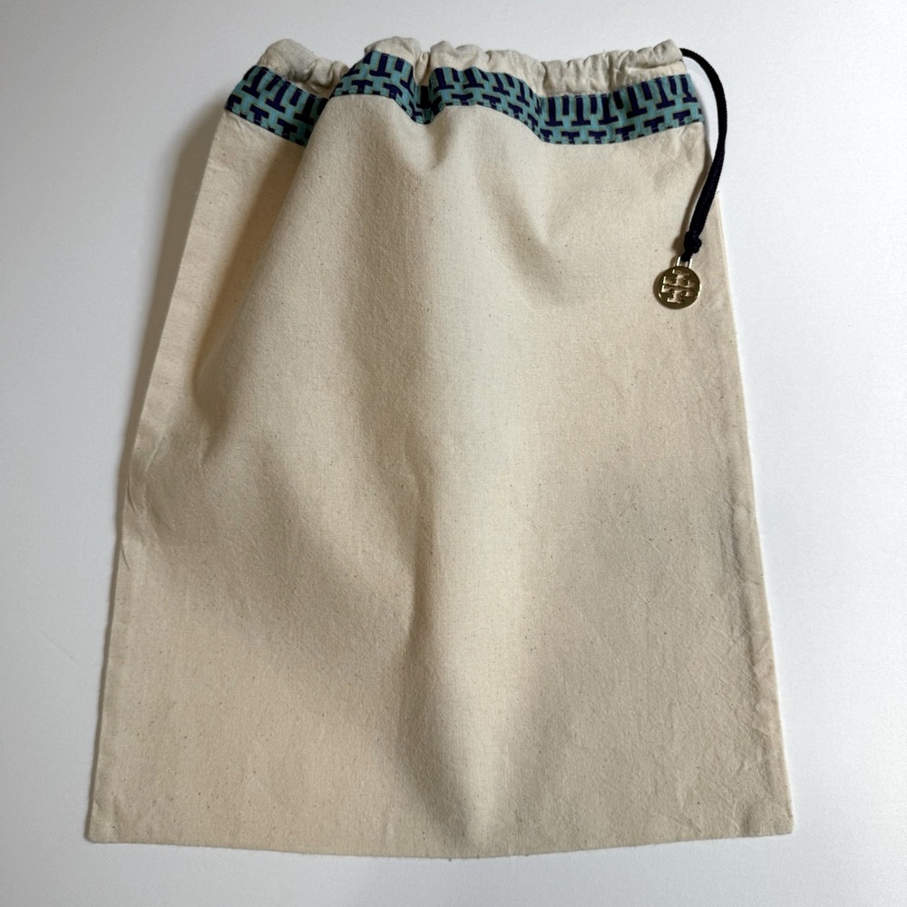 Tory Burch Canvas Drawstring Dust Bag 11.5x14 Blue Trim Gold Logo Charm Storage
